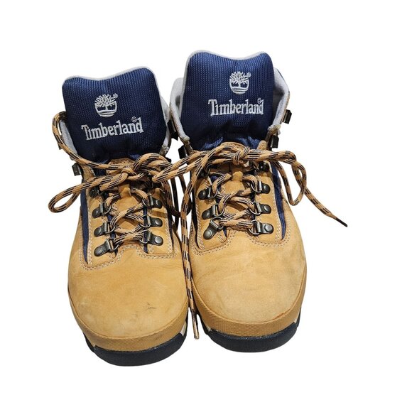 Timberland Mens 9M Tan & Blue Leather/Nylon Hiking Boots With Logo Embroidery & - Picture 1 of 11